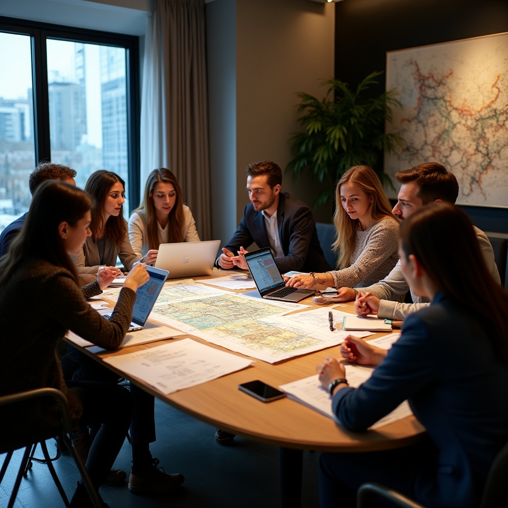Diverse group of workshop participants collaborating around a table with laptops and territorial analysis materials