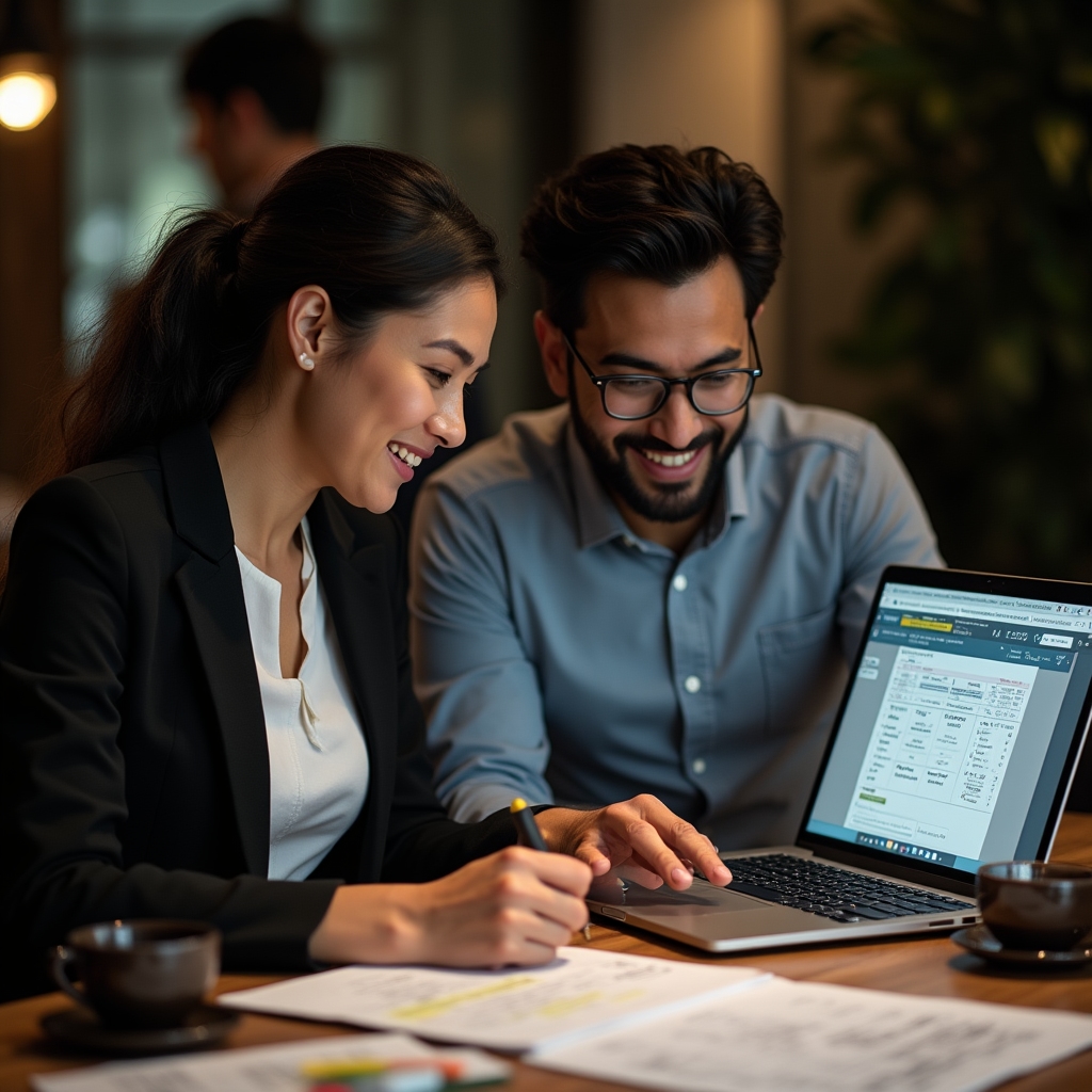Two participants reviewing municipal cadastre data together on a laptop screen during workshop