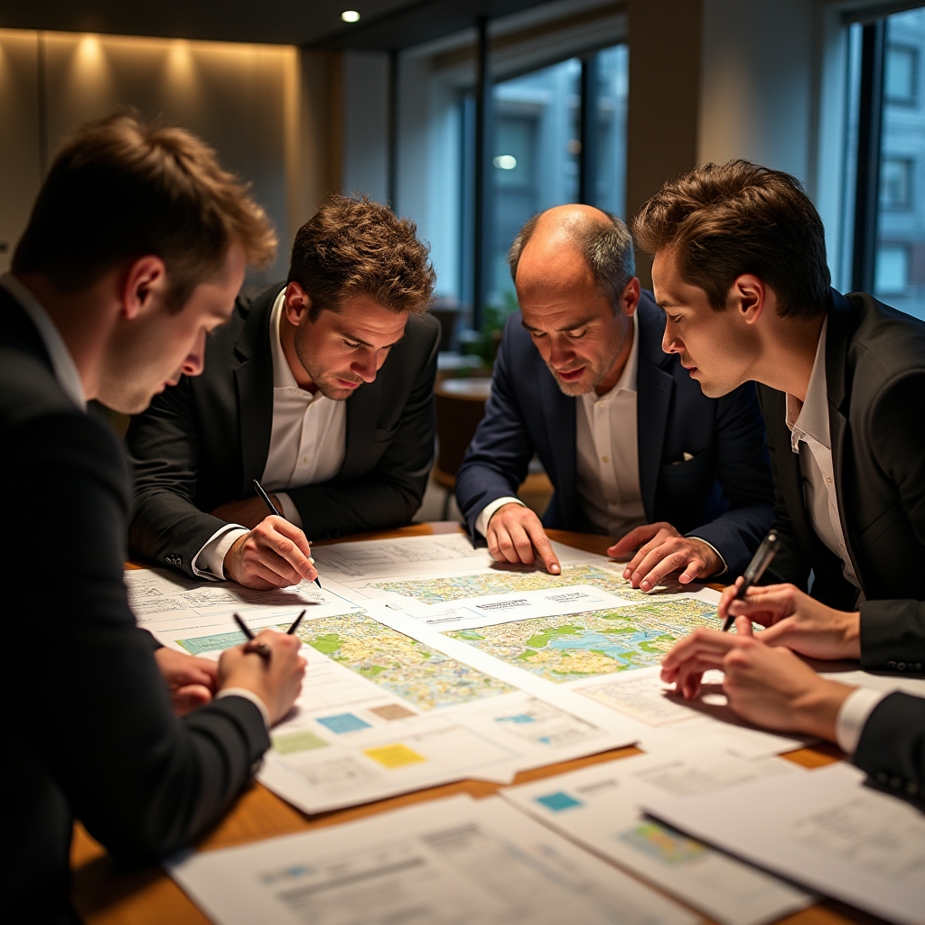 Workshop participants engaged in focused discussion while examining printed maps and data reports