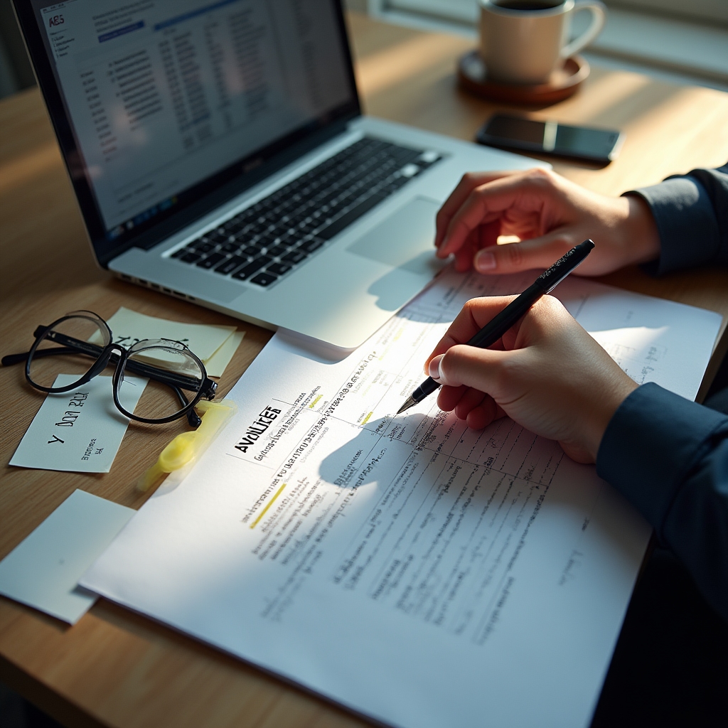 Participant hands working methodically through municipal database on laptop with printed analysis checklist beside computer