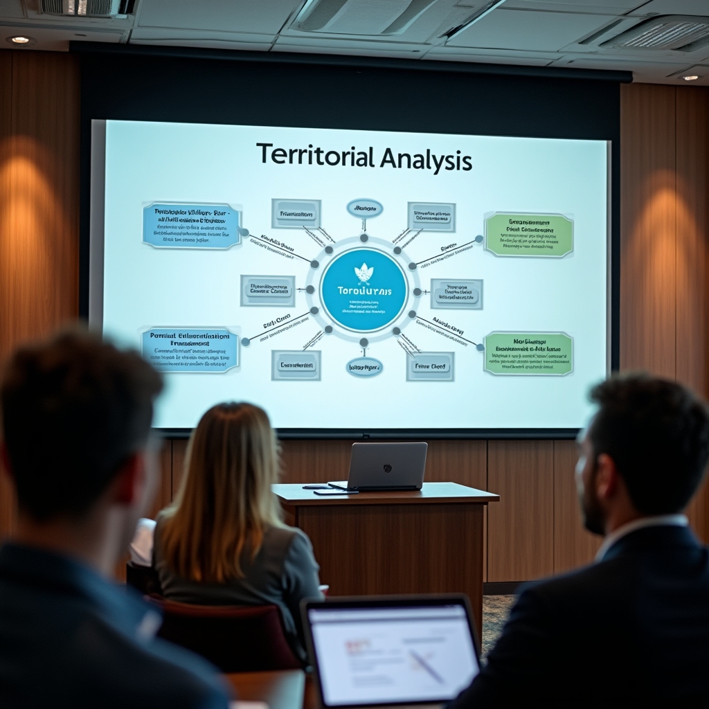 Large screen displaying structured territorial analysis framework with organized data categories and evaluation criteria during presentation