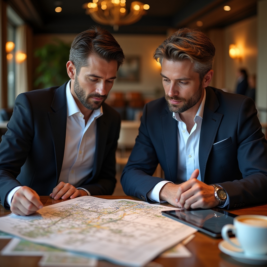 Two real estate professionals in consultation reviewing detailed municipal planning documents and zoning maps together