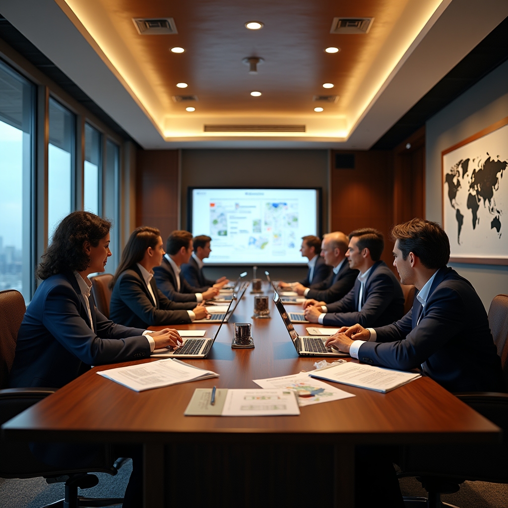 Real estate professionals in business attire attending focused training session with territorial analysis materials and laptops