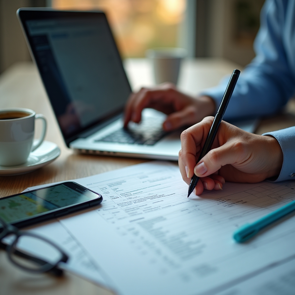 Close-up of participant hands working on laptop analyzing construction permit database with notes and highlighter