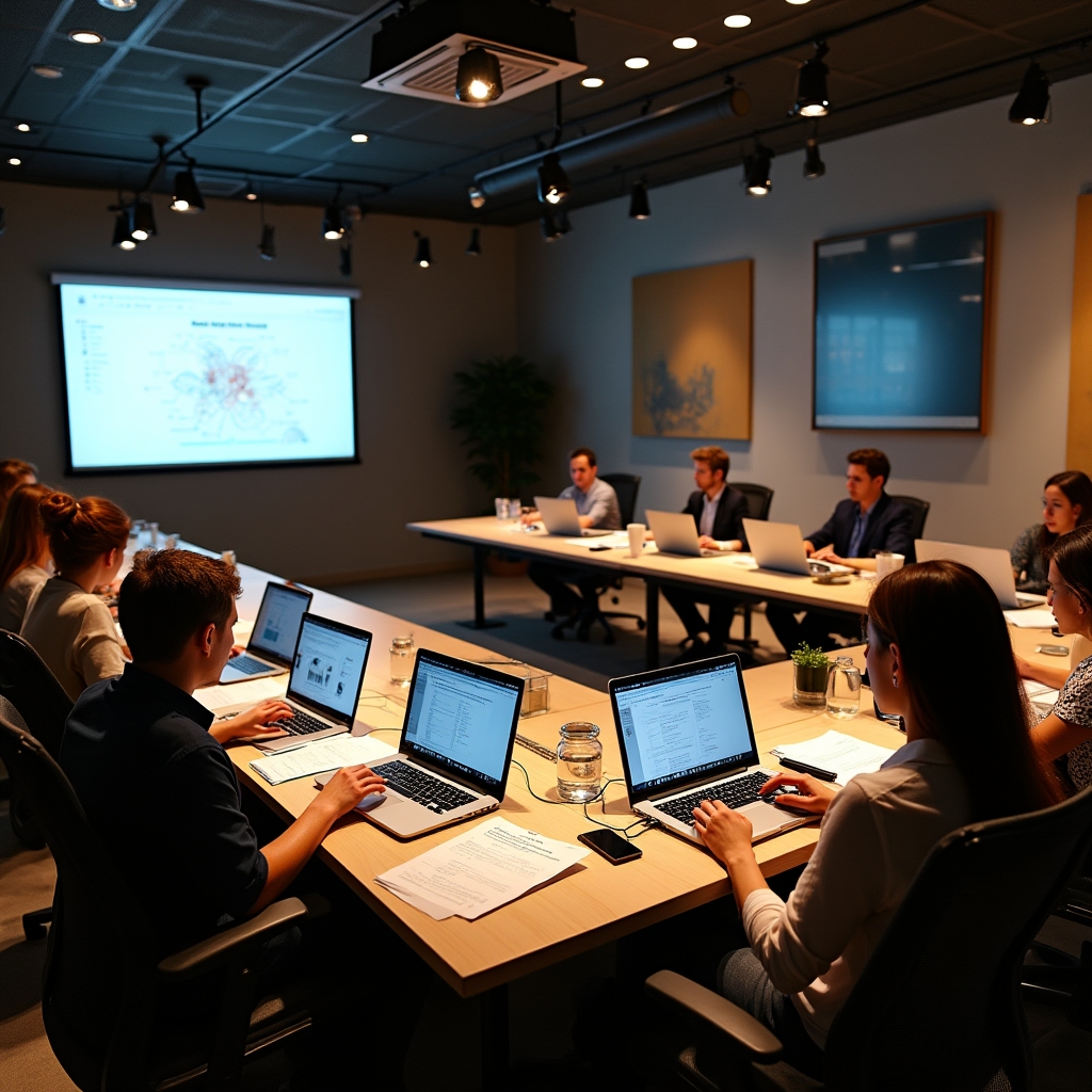 Organized workshop space with participants at individual workstations analyzing territorial data methodically