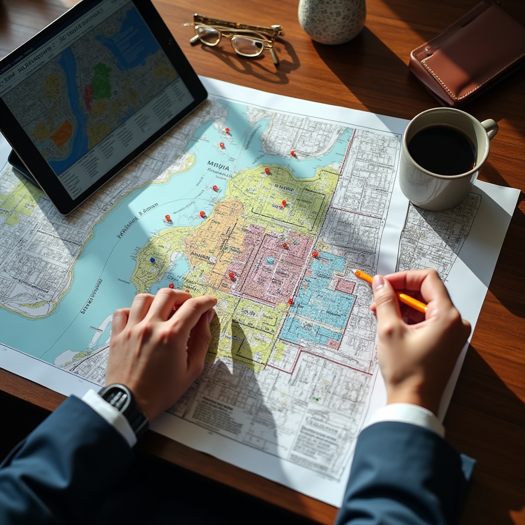 Detailed urban planning maps with zoning information and infrastructure projects marked